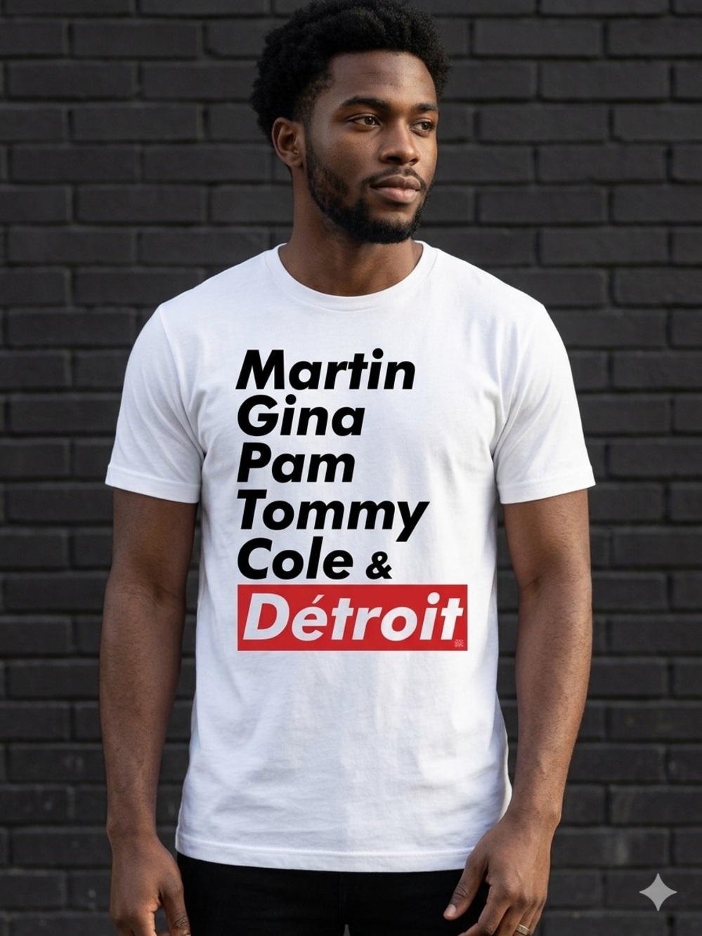 White Short-Sleeve Crewneck Tee with Bold Black Text and Red 'Détroit' Block